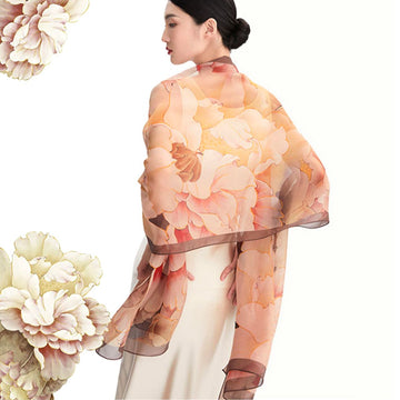 Silk Chiffon Shawls Scarf Mulberry Silk Scarf Long, Lotus Bloom